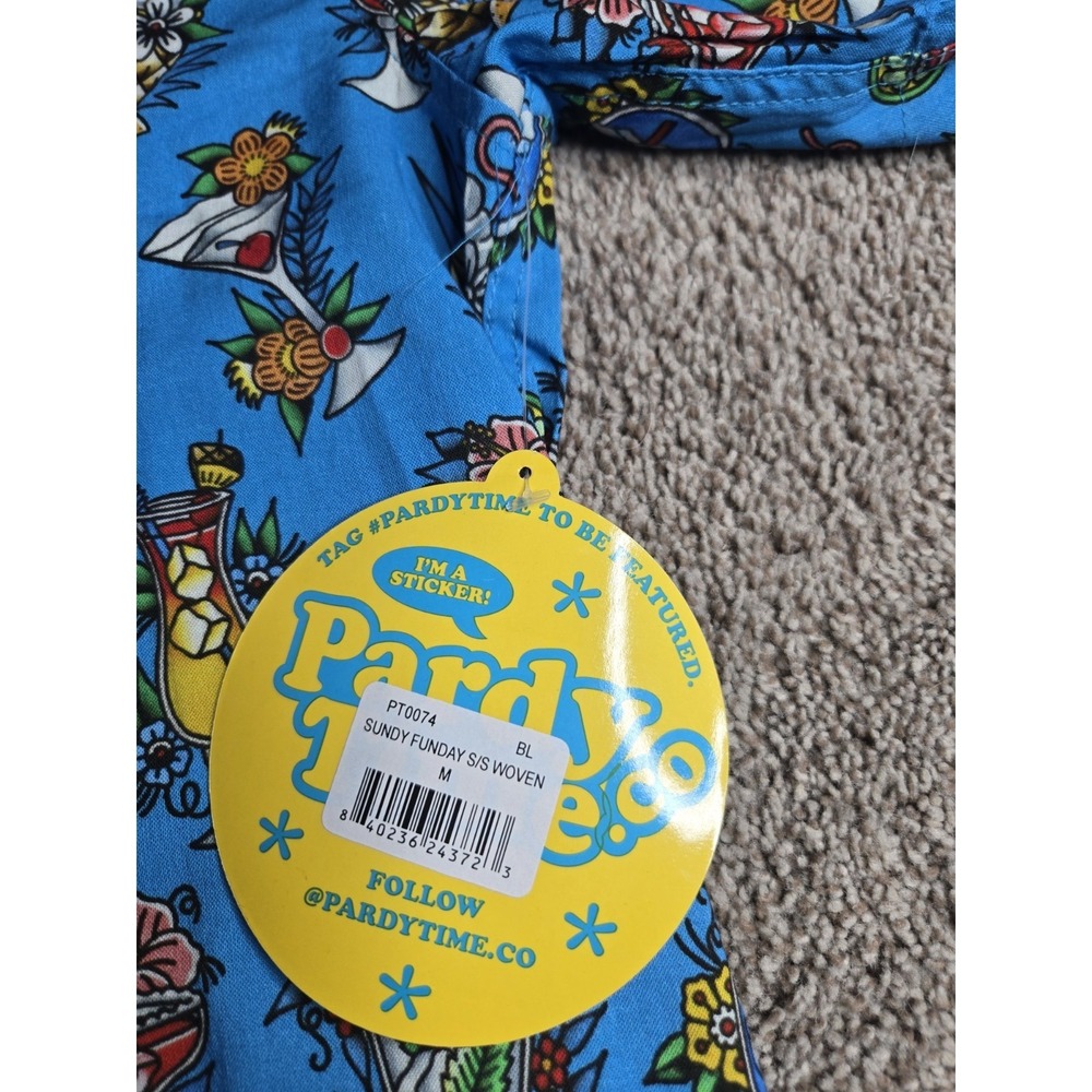 Pardy Time Sundy Funday Tropical Graphic Button-Up Shirt Blue Short Sleeve M - Picture 4 of 7
